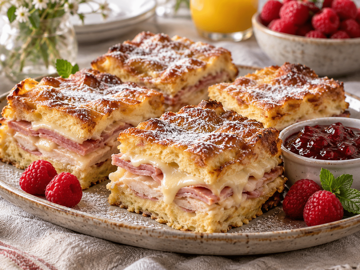Monte Cristo casserole with ham, turkey, Swiss cheese, powdered sugar, and raspberry preserves