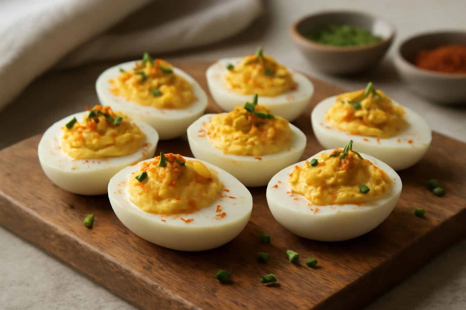 Close-up of creamy million dollar deviled eggs garnished with paprika and chives