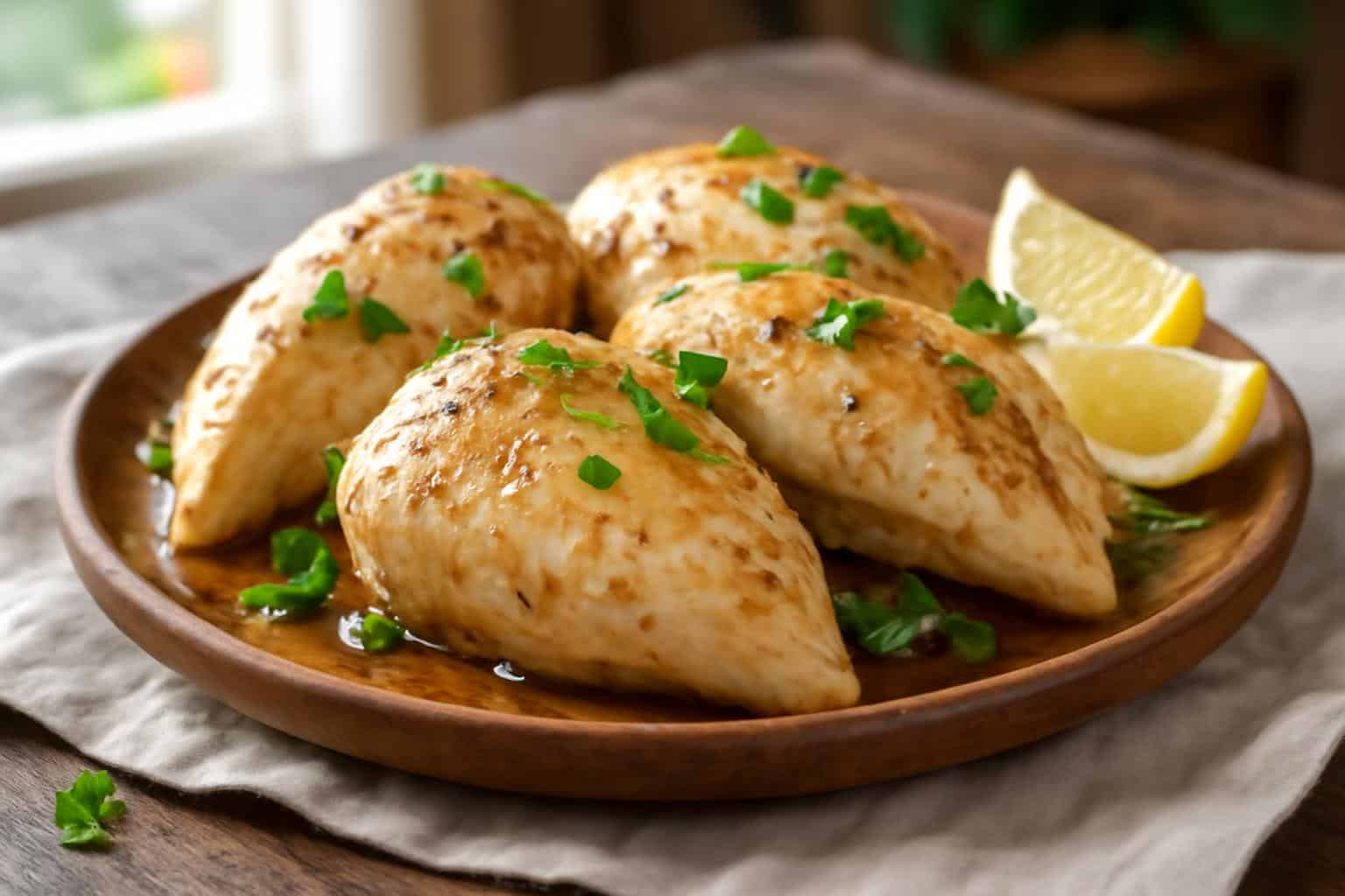 Tender and juicy slow cooker chicken breasts on a rustic plate with fresh parsley garnish