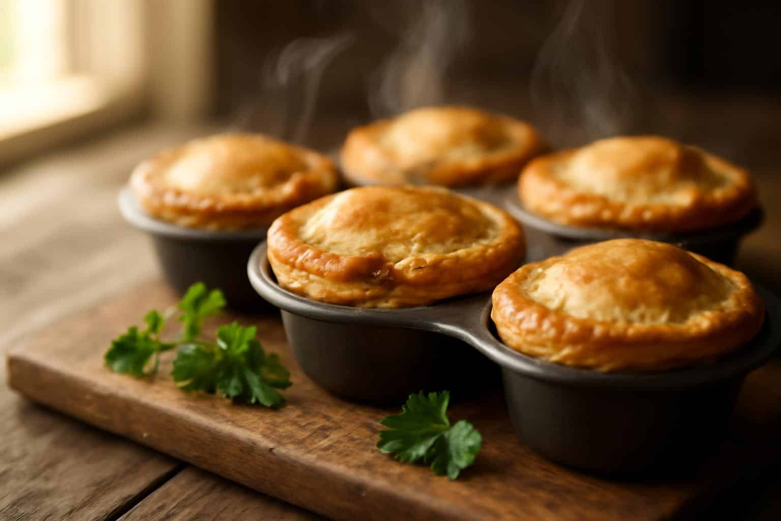 Golden muffin tin meat pies with flaky crust and savory filling on a rustic board in natural light