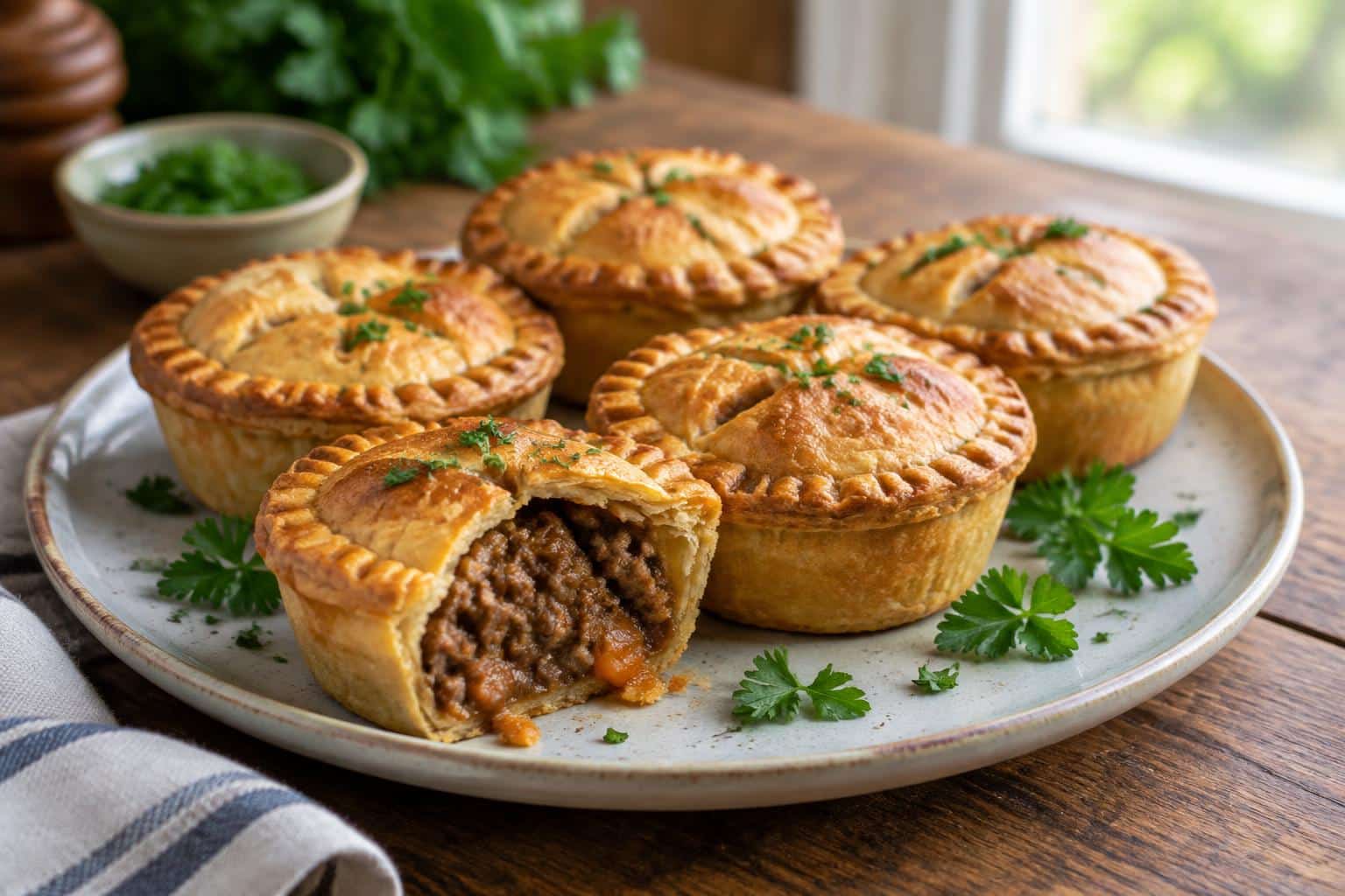Golden baked muffin tin meat pies with parsley garnish on a rustic wooden surface