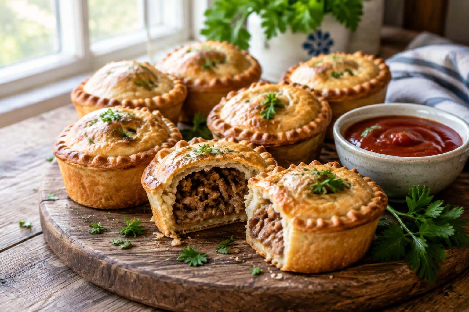 Golden-brown muffin tin meat pies garnished with parsley on a rustic table in natural soft light