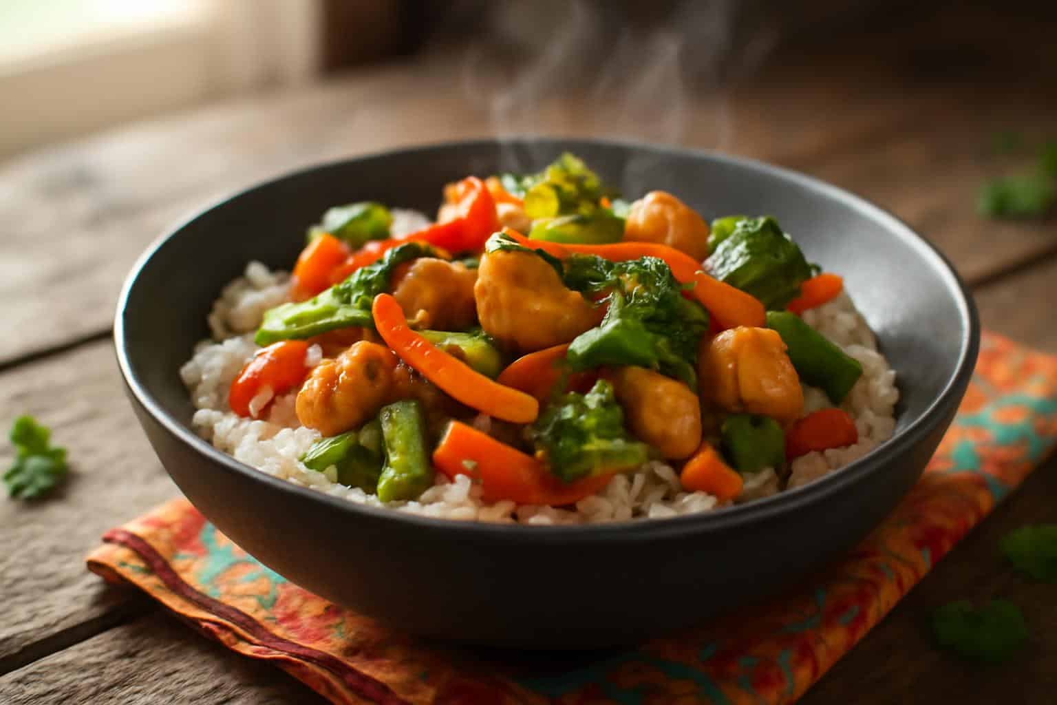 Skillet chicken and vegetable stir-fry showcasing new cheap recipes with rice in New York NY