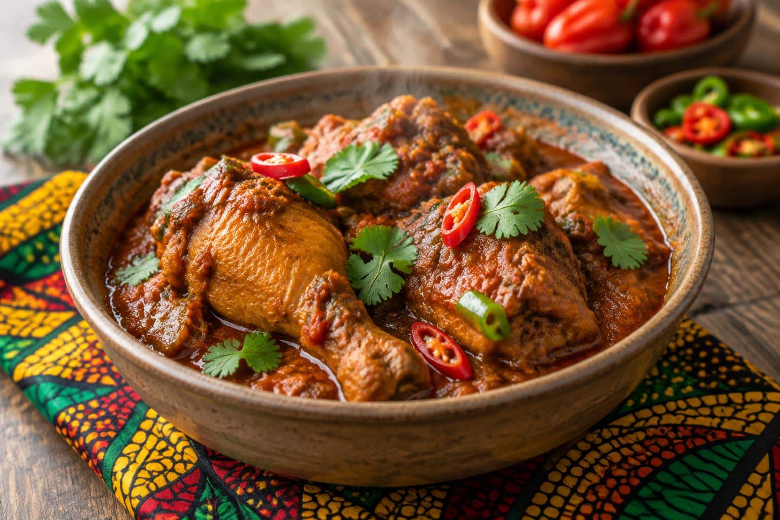 A bowl of rich, spicy Nigerian chicken stew garnished with cilantro and chili peppers