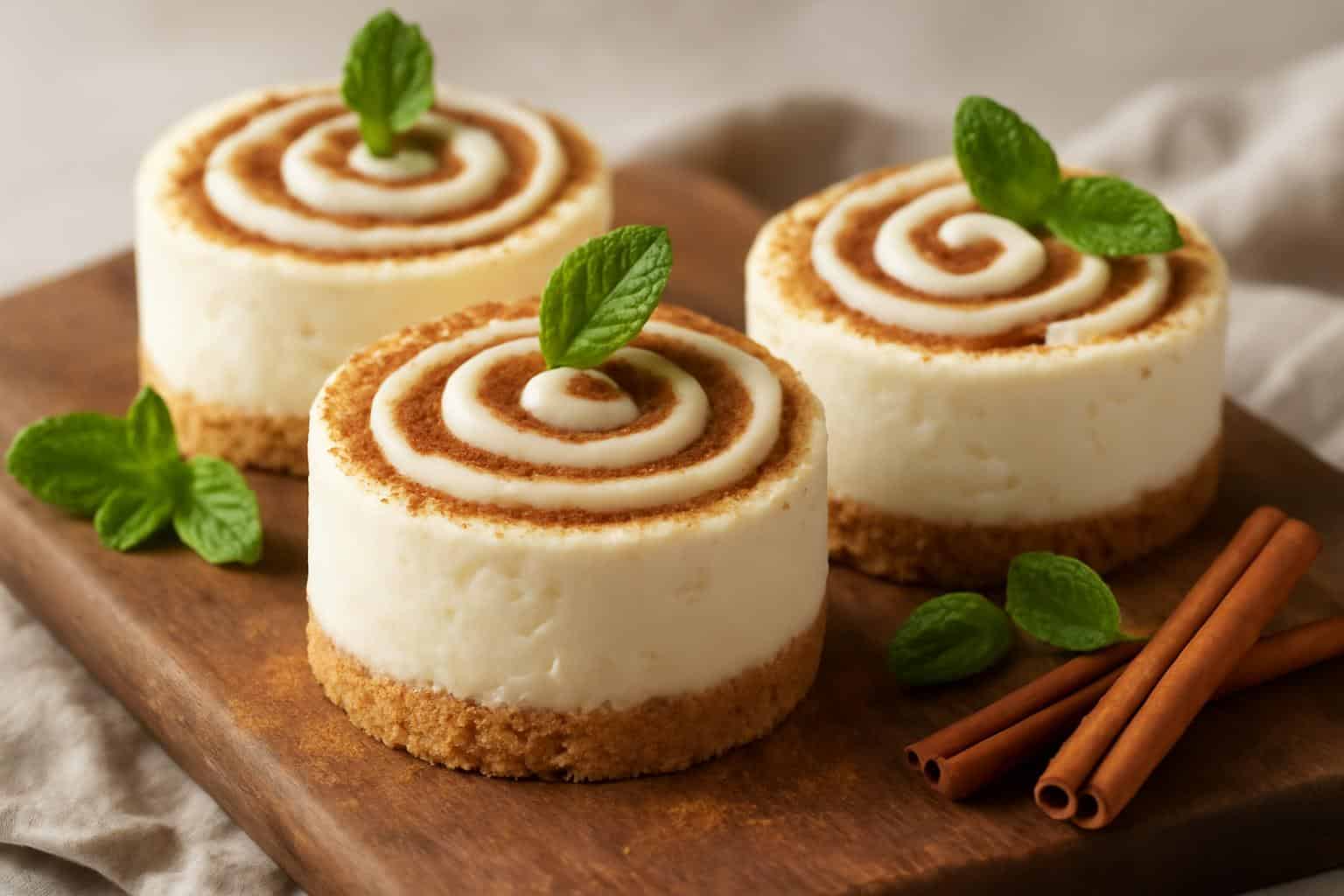 No bake cinnamon roll cheesecakes with cinnamon swirl and creamy texture on rustic board
