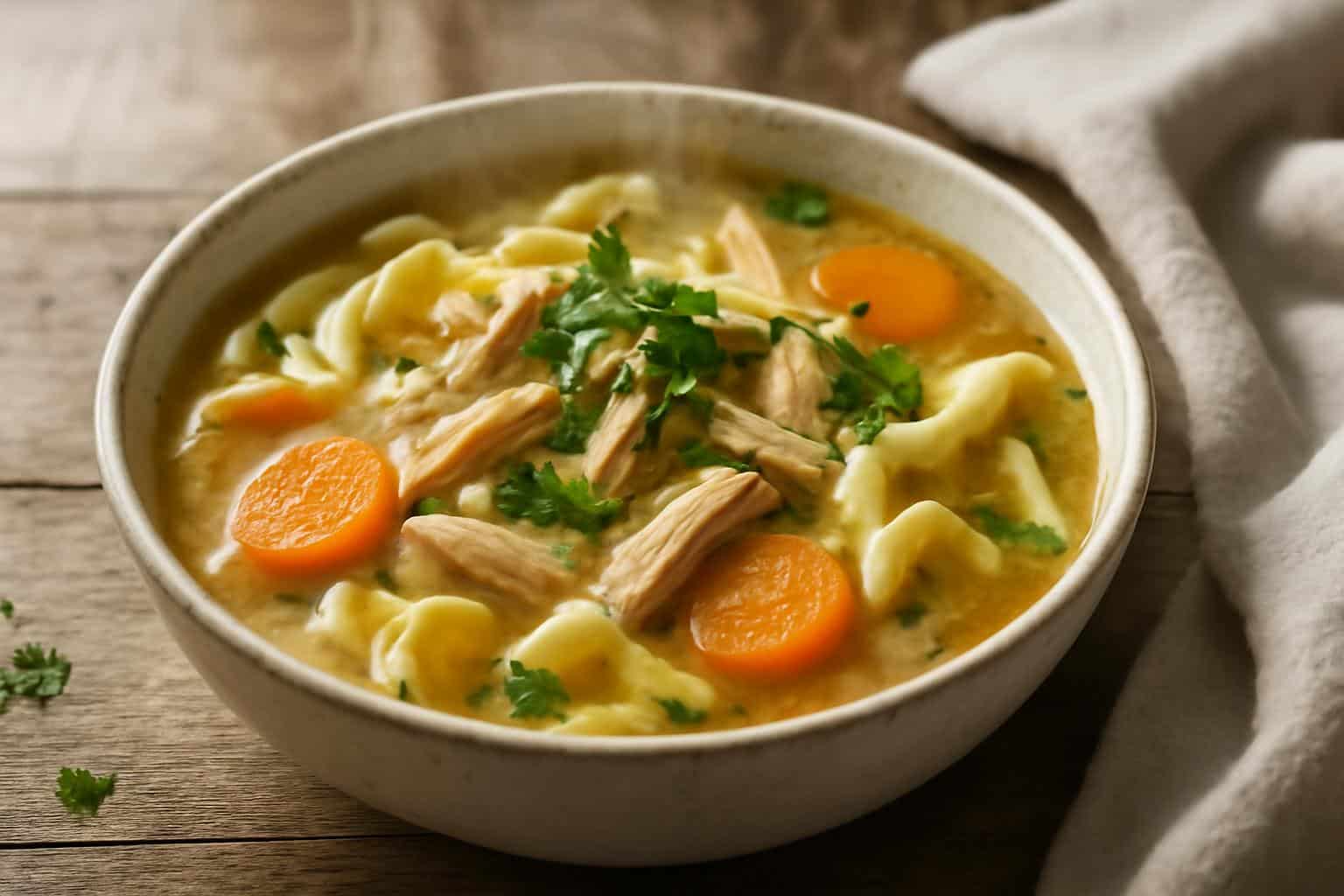 Nourishing ginger garlic chicken noodle soup in a bowl garnished with herbs