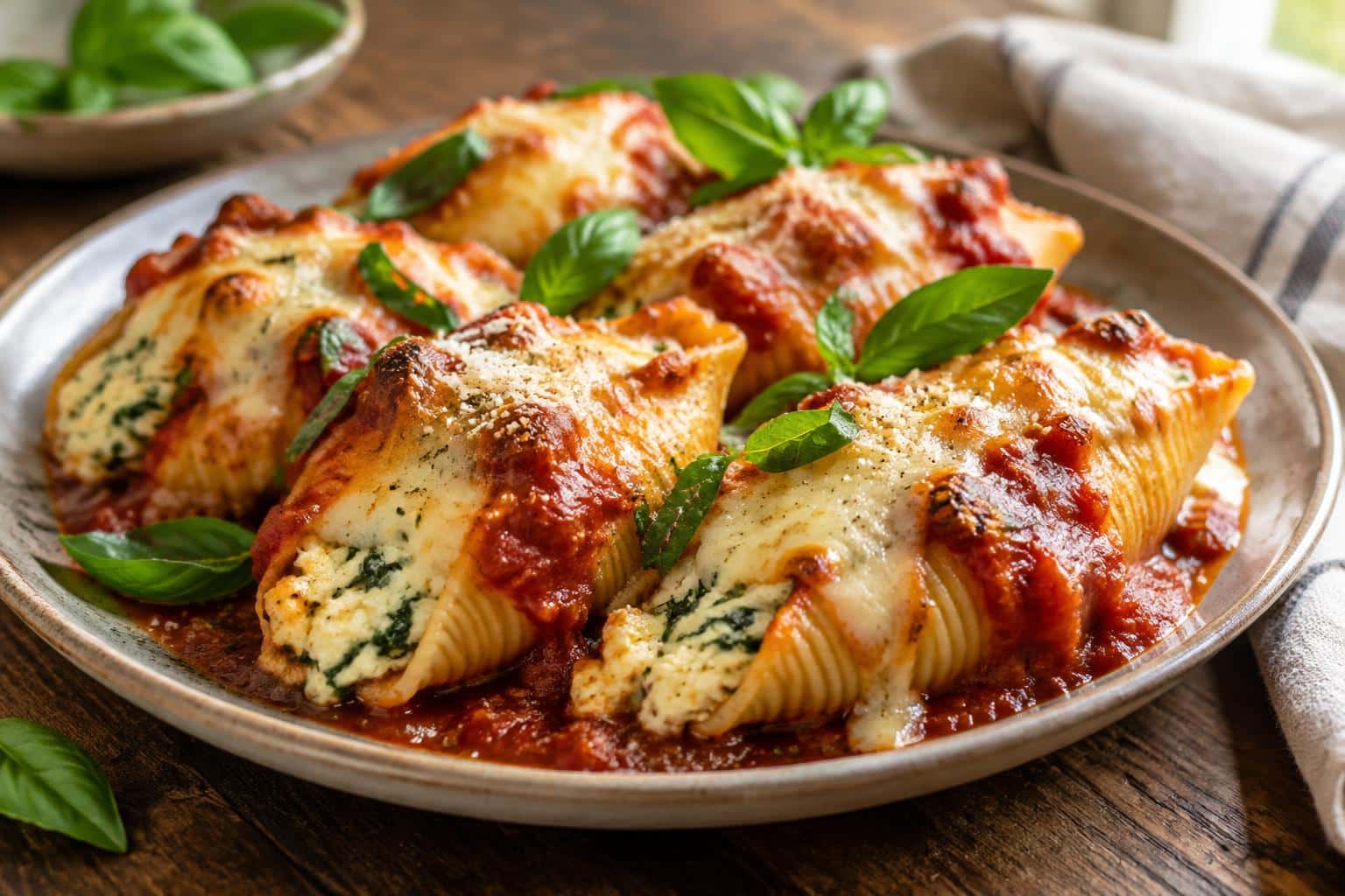 Plate of jumbo stuffed shells with marinara sauce and melted cheese, garnished with fresh basil leaves