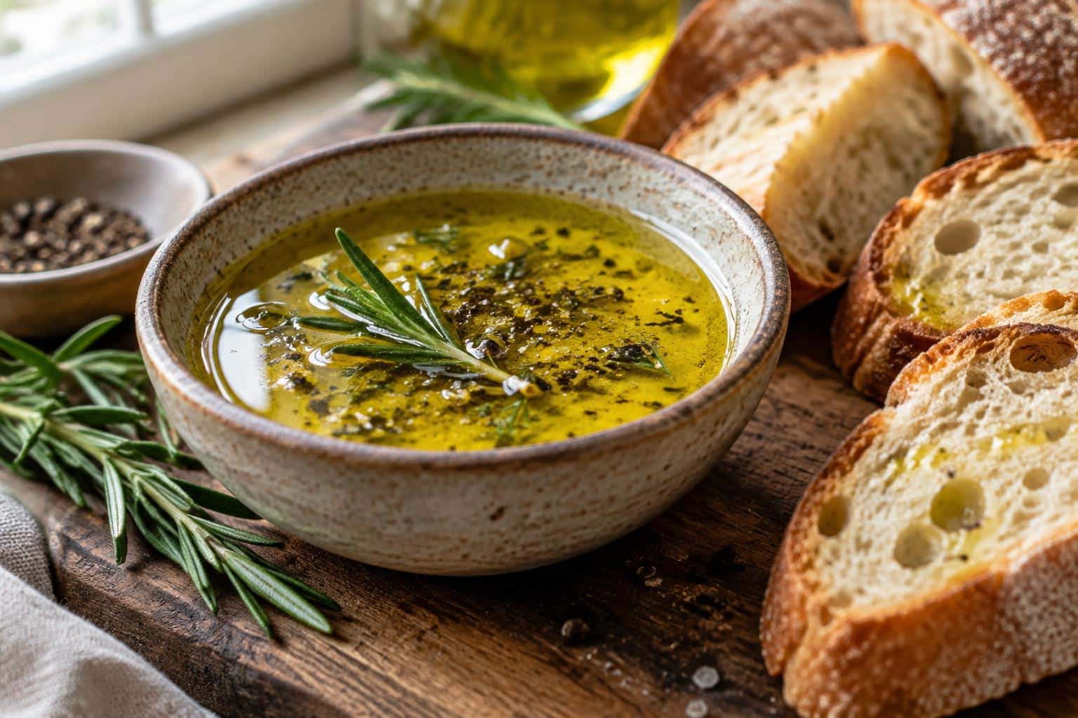 Olive oil bread dip garnished with rosemary and black pepper for bread dipping oil