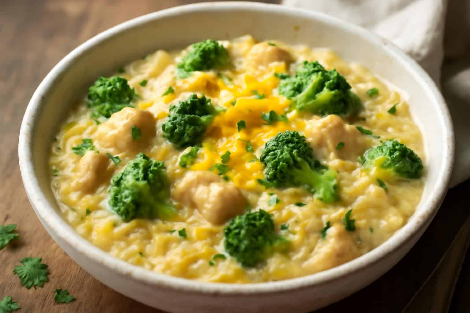 One-pan cheesy chicken broccoli orzo creamy pasta dish garnished with parsley