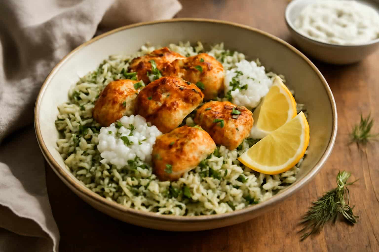 One-pan chicken tzatziki rice served in a bowl garnished with fresh dill and lemon wedges