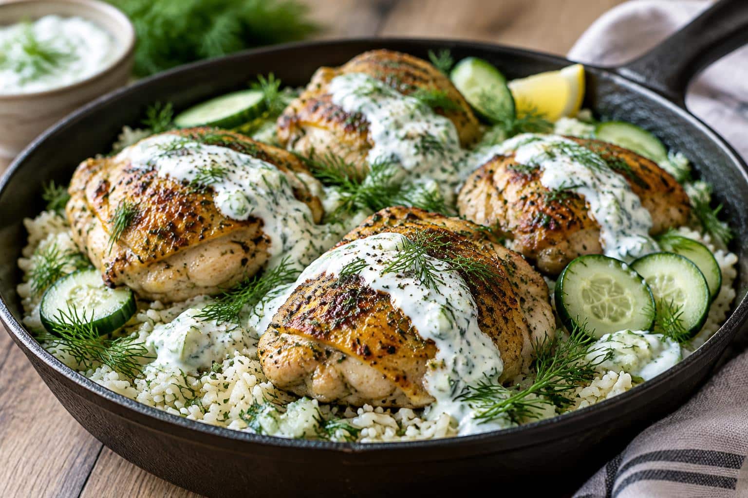 One-pan chicken tzatziki rice with creamy sauce and fresh dill garnish