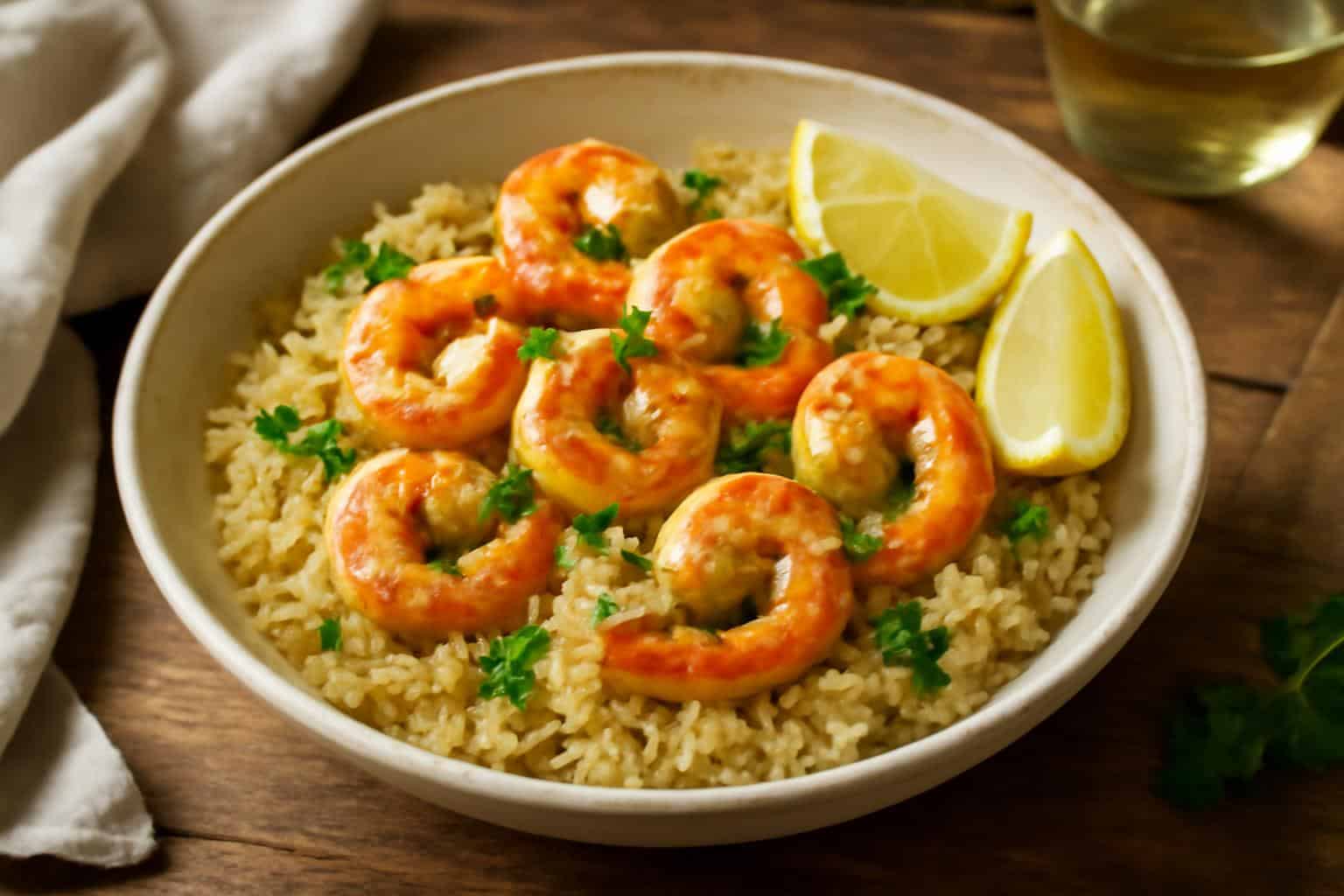 One-pan creamy garlic butter shrimp and rice garnished with parsley and lemon wedges