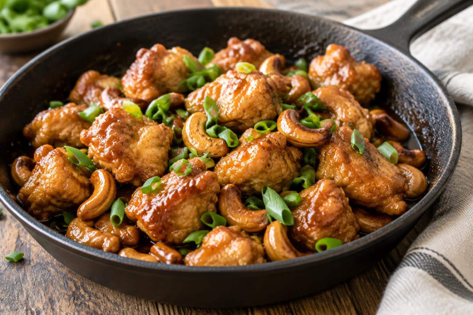 One-pan crispy cashew chicken garnished with toasted cashews and green onions in a skillet