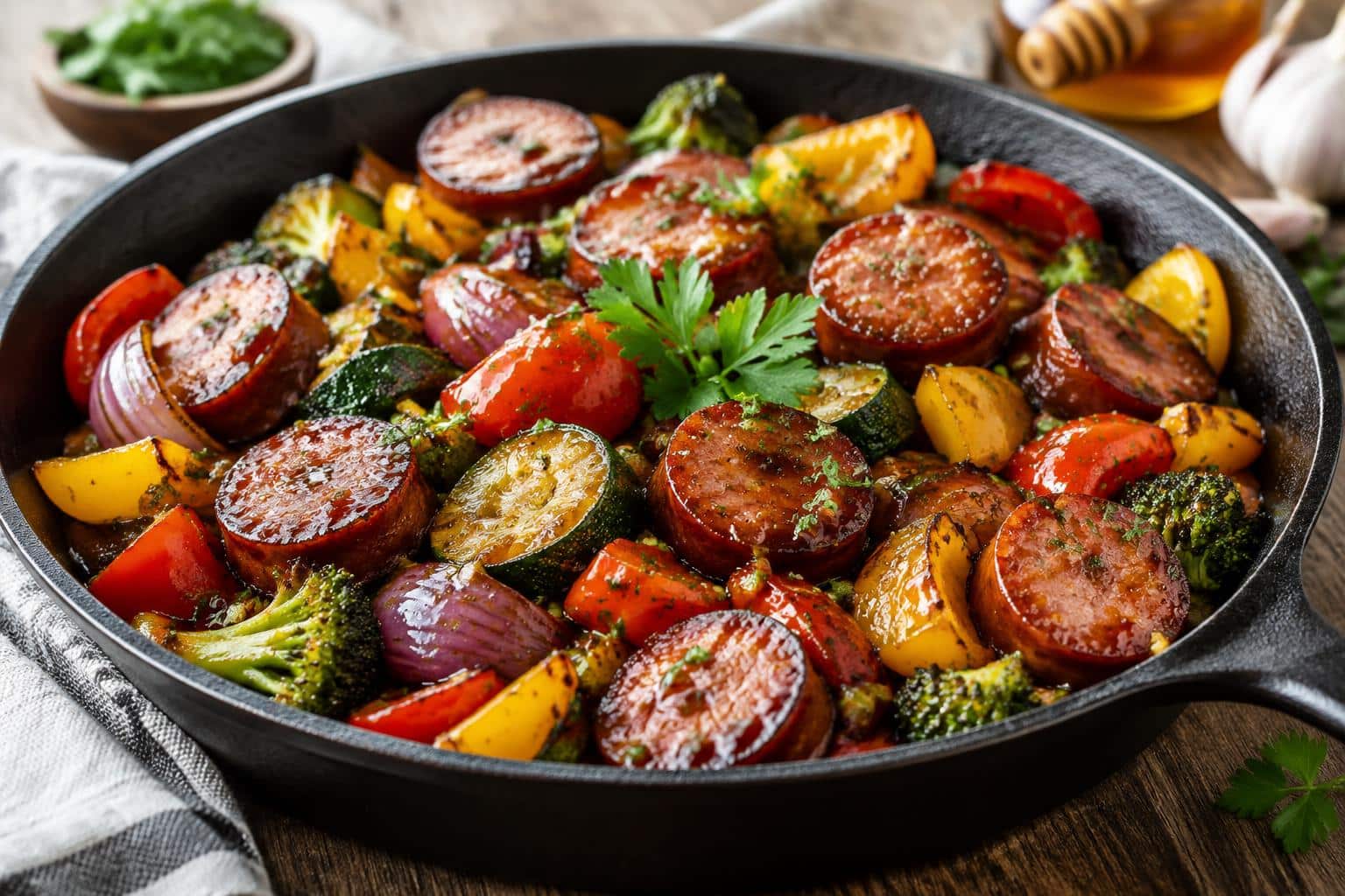 One-pan honey garlic kielbasa with vegetables in a skillet garnished with fresh parsley