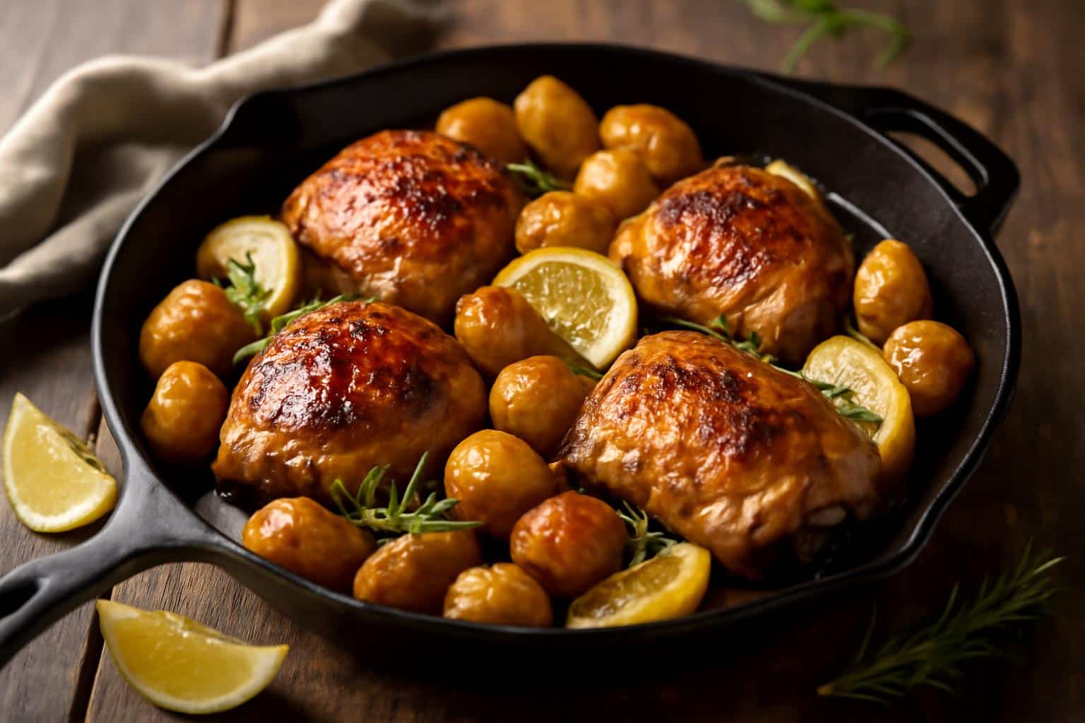 One-pan lemon balsamic chicken with roasted potatoes garnished with lemon and herbs