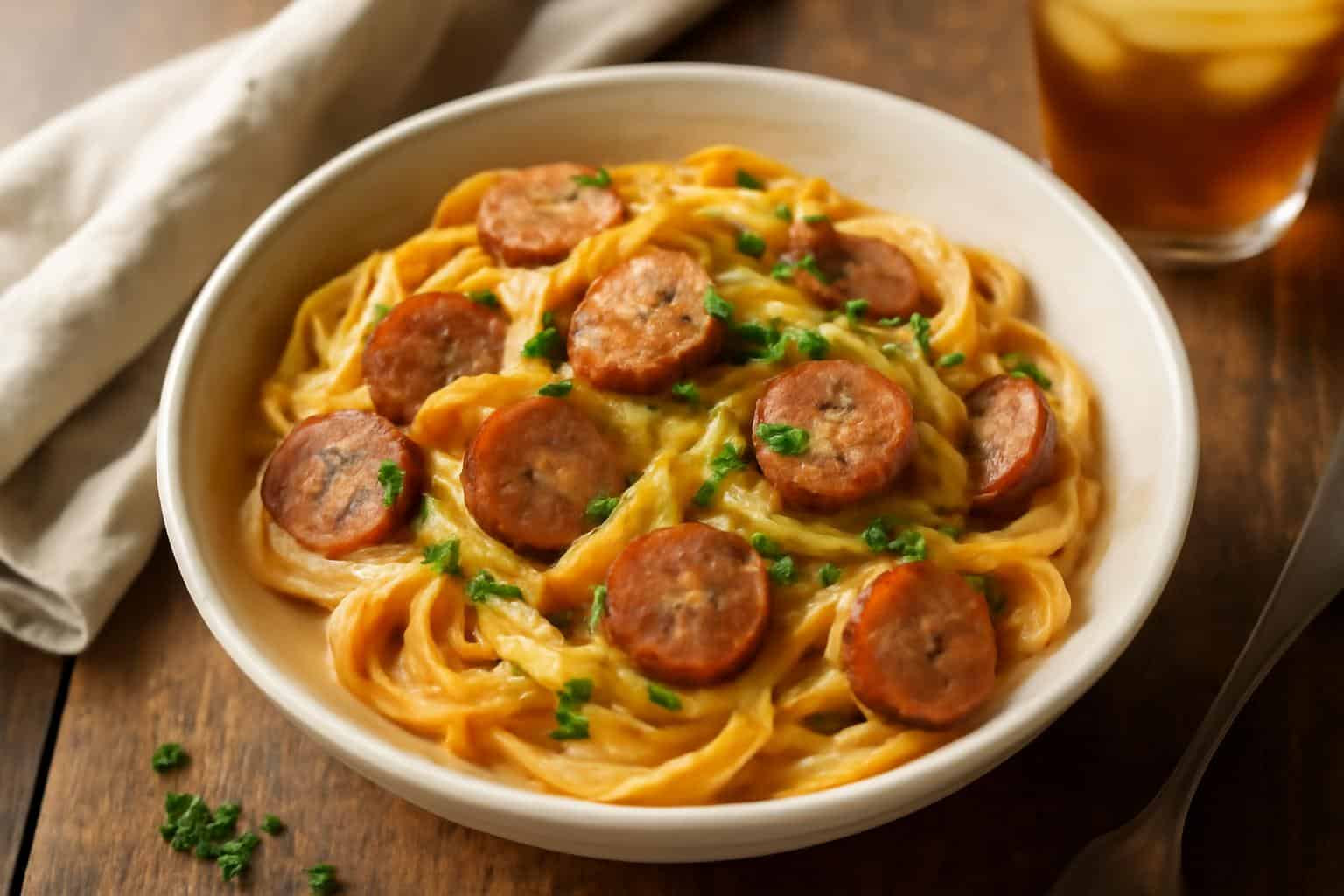 One pot creamy cajun sausage pasta with sausage slices and herbs in creamy sauce