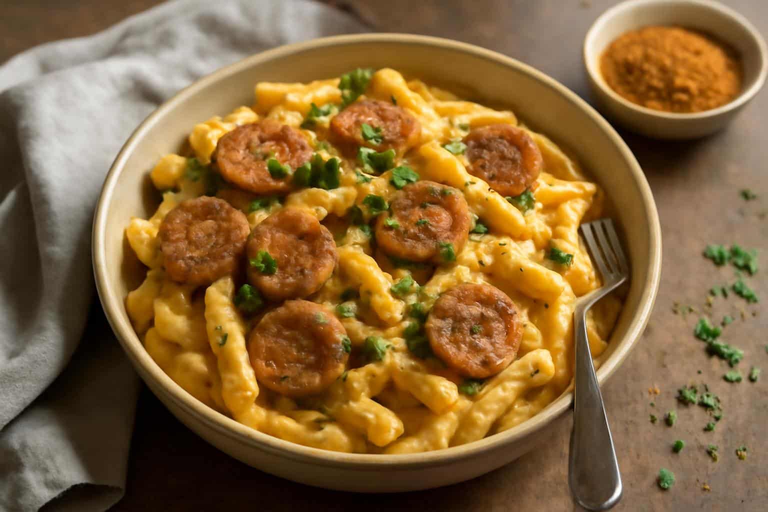 One pot creamy cajun pasta with sausage garnished with parsley and red pepper flakes