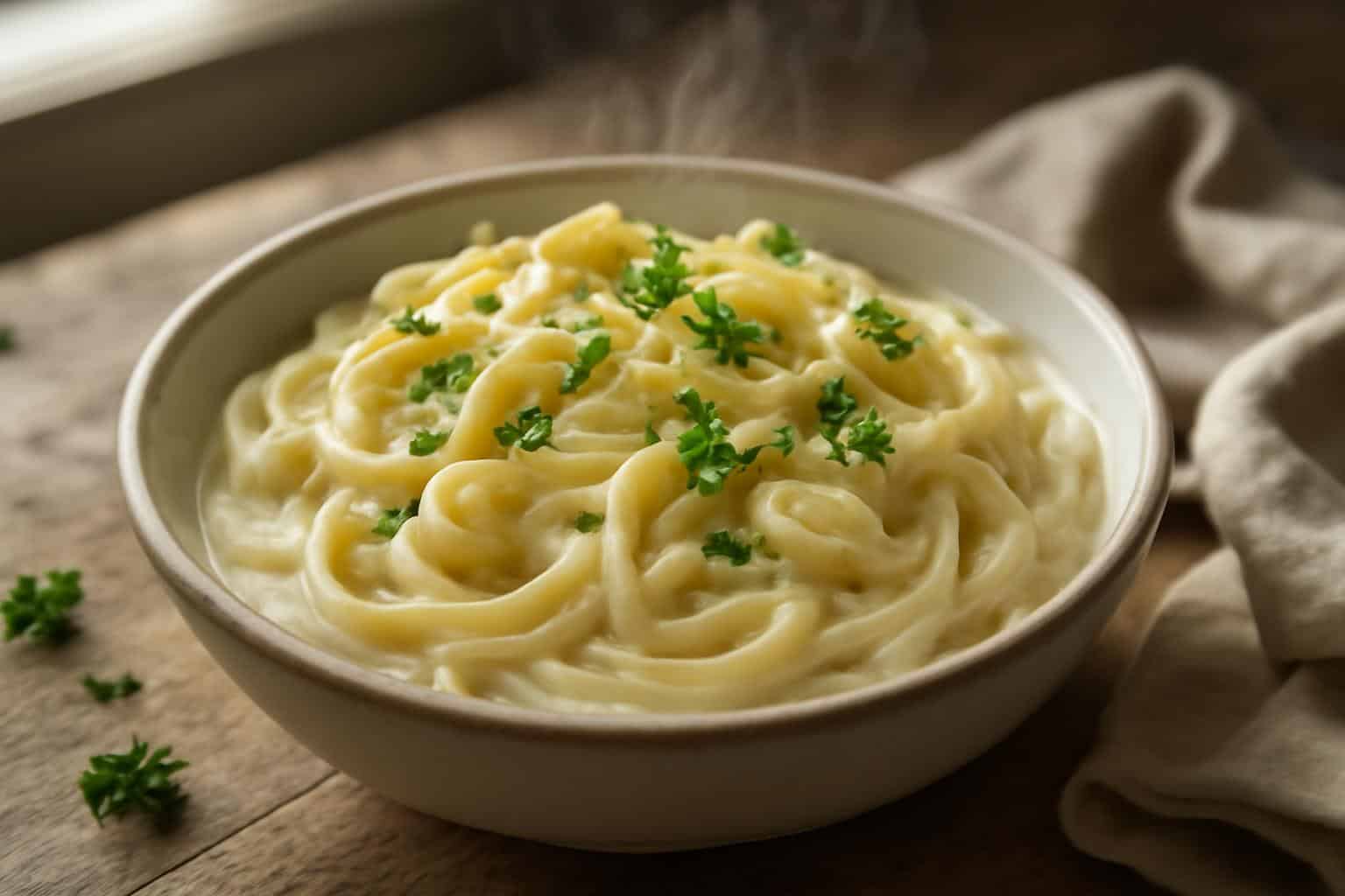 Creamy garlic pasta in a bowl garnished with parsley and Parmesan, showcasing creamy garlic pasta