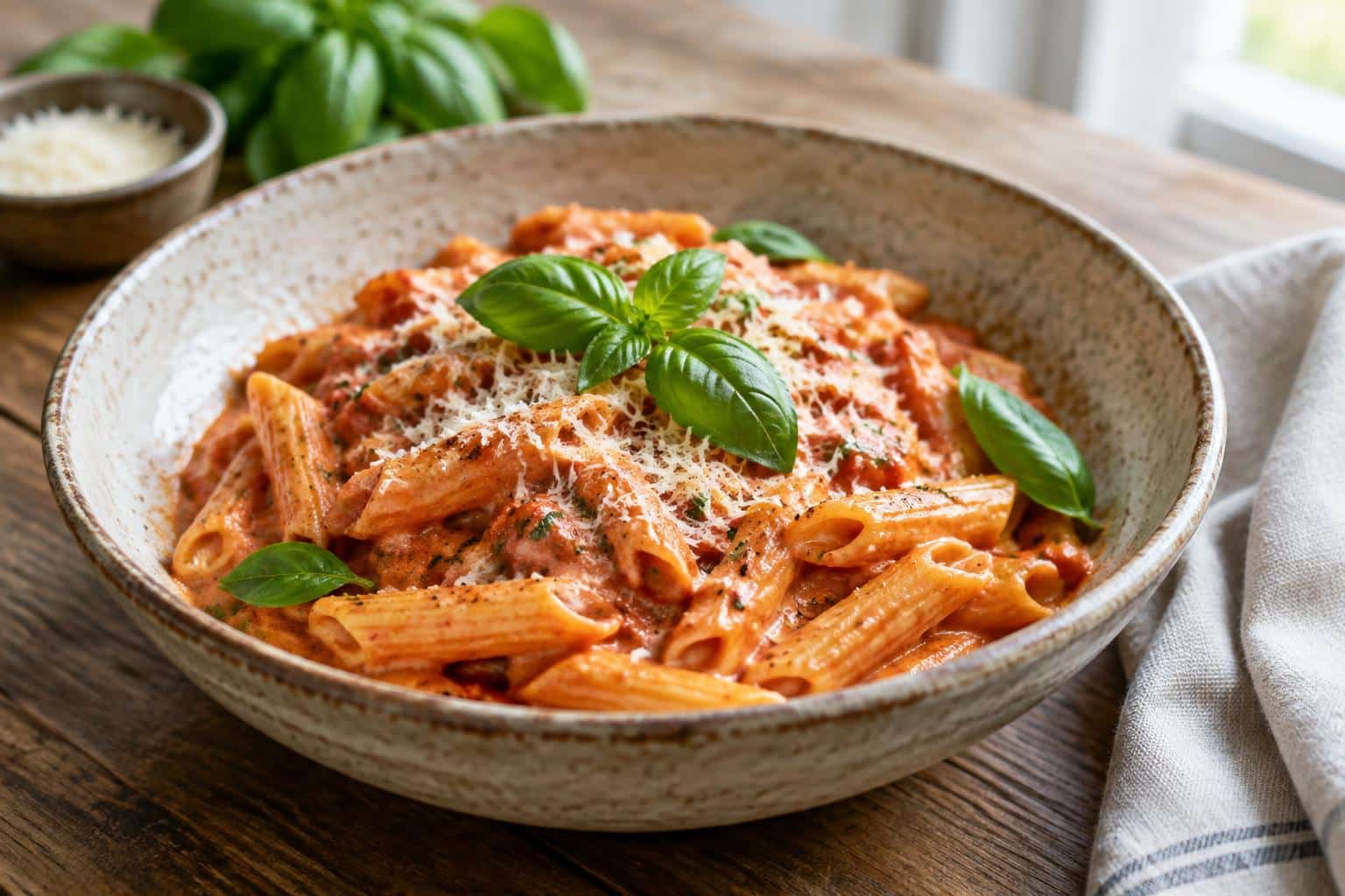 One-pot creamy tomato pasta garnished with fresh basil and Parmesan cheese