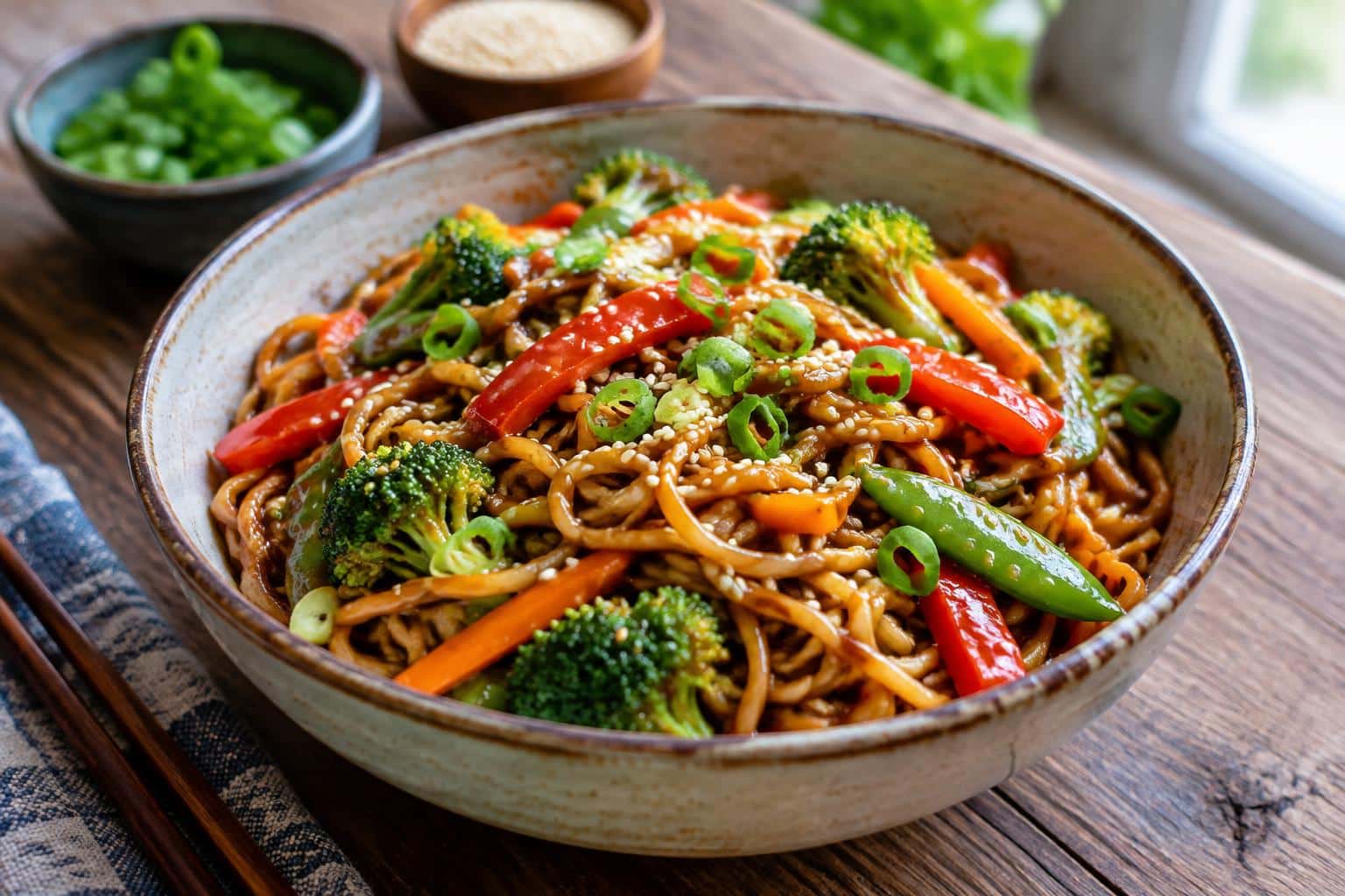 One-pot teriyaki noodles with vegetables garnished with sesame seeds and green onions