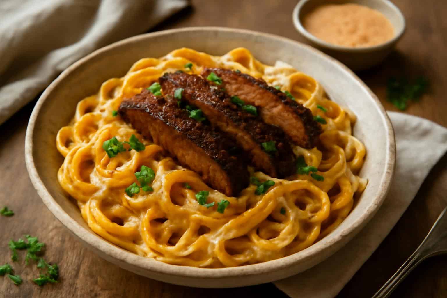 One-skillet creamy spicy cajun steak pasta garnished with parsley and paprika