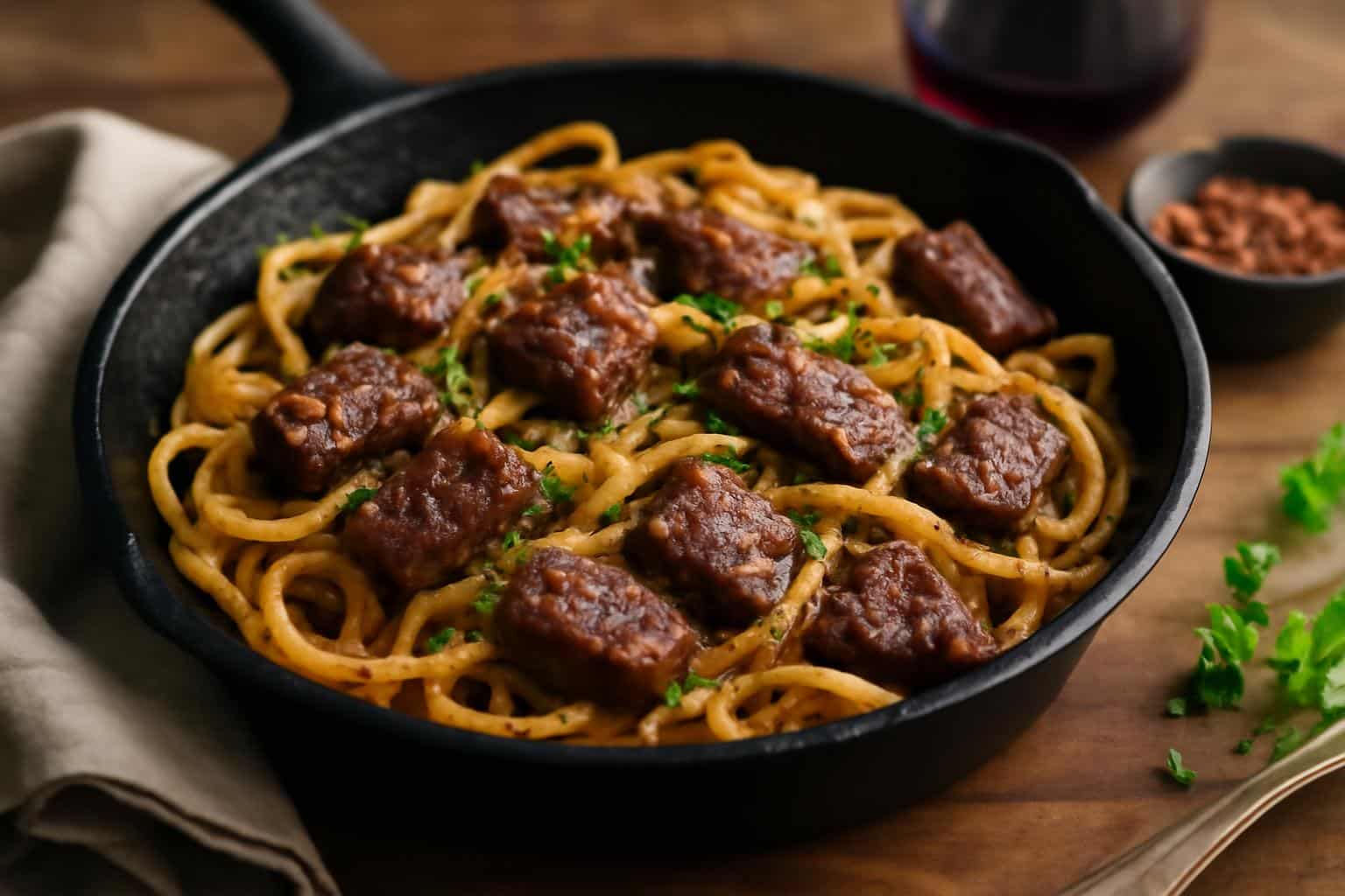 One-skillet spicy garlic butter parmesan steak pasta garnished with parsley and parmesan cheese