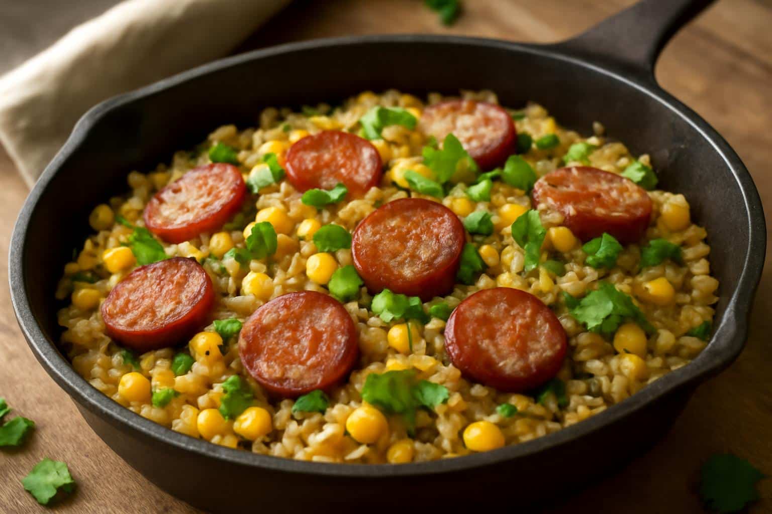 One-skillet sweet corn fried rice with kielbasa garnished with green onions and cilantro