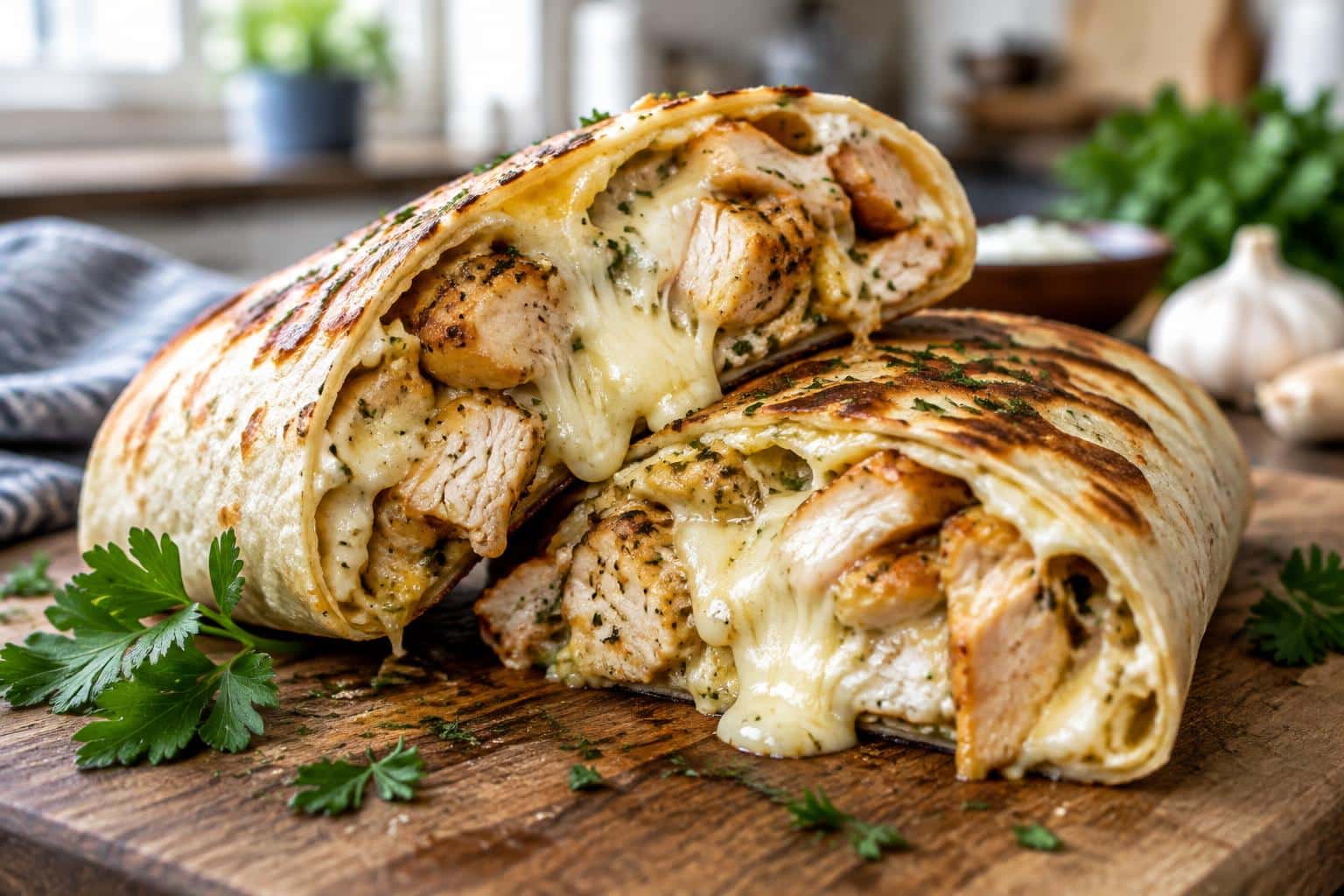 Close-up of cheesy garlic chicken wraps with melted cheese oozing out, garnished with parsley
