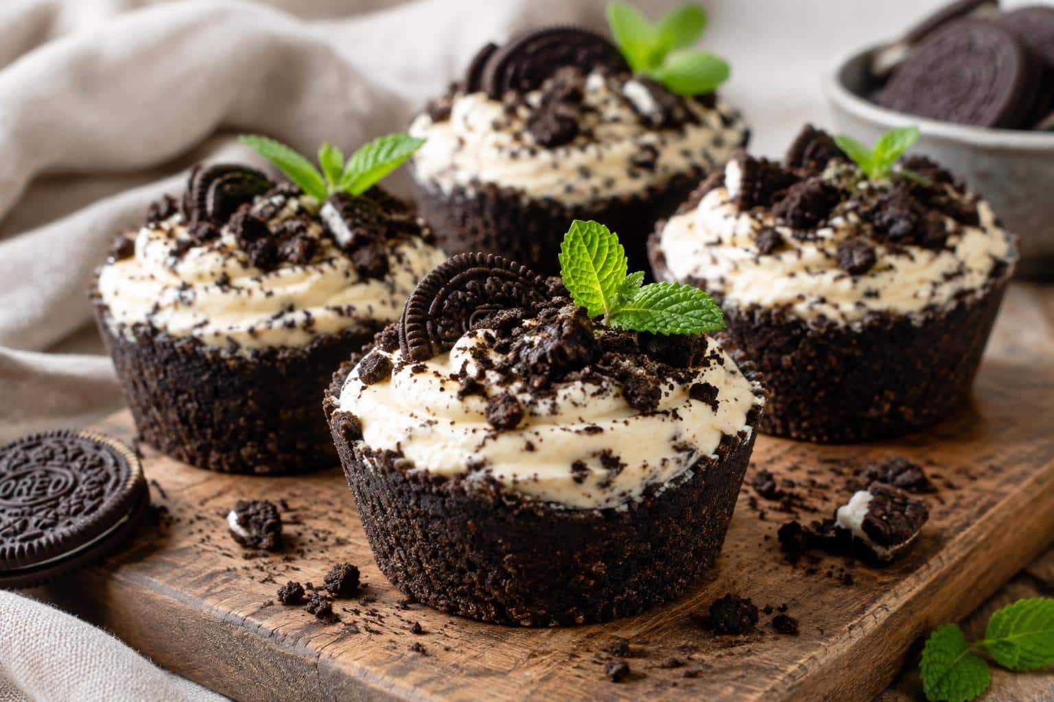 Oreo cheesecake cookie cups with creamy filling and crushed Oreo garnish