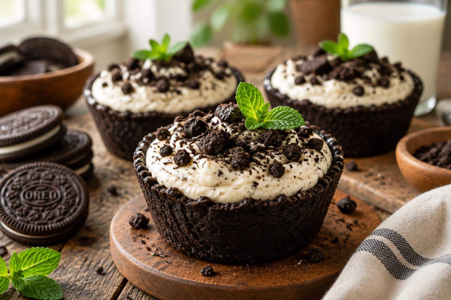Oreo cheesecake cookie cups topped with crushed Oreos and mint garnish on wooden table, Oreo cheesecake cookie cups dess