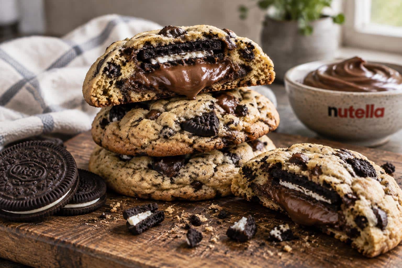 A stack of Oreo Nutella cookies stuffed with creamy Nutella and Oreo pieces under soft natural light