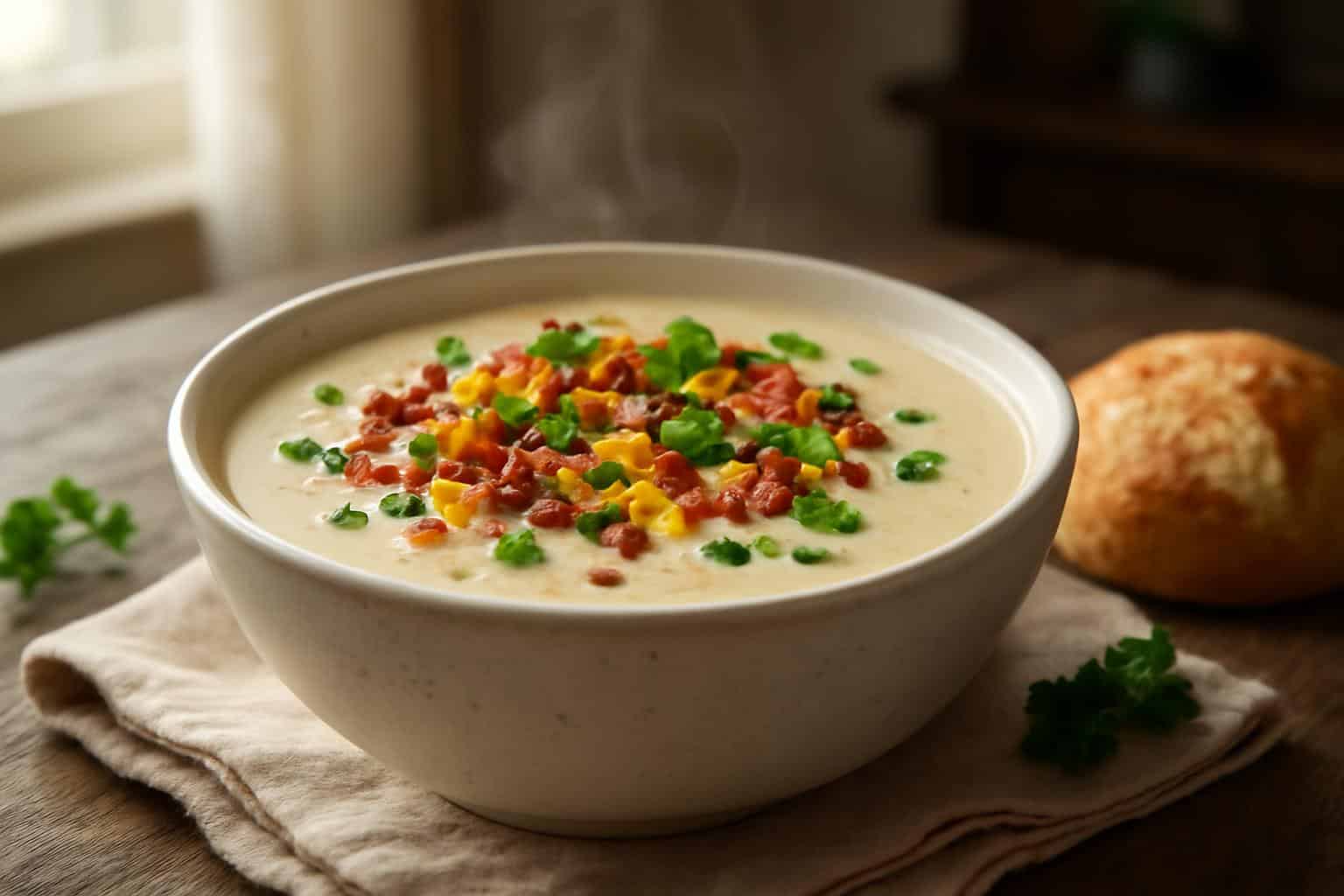 Creamy outback potato soup garnished with bacon, cheddar, and green onions in a rustic bowl