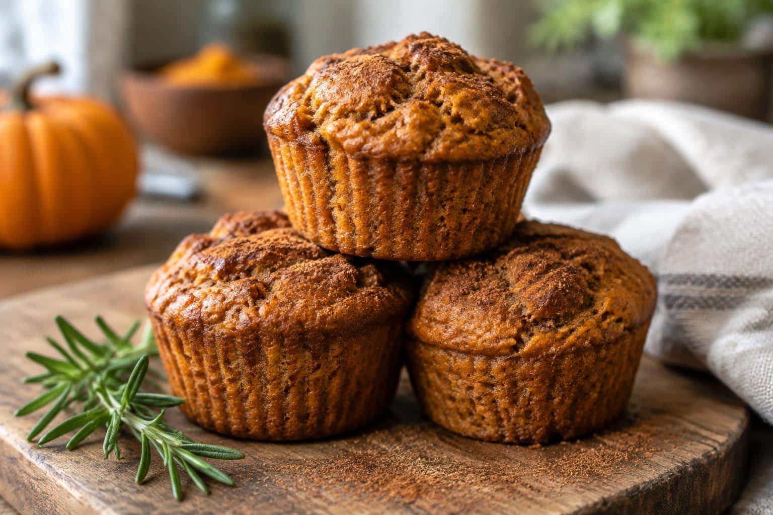 moist paleo pumpkin protein muffins stacked on a wooden board with cinnamon dusting and rosemary garnish