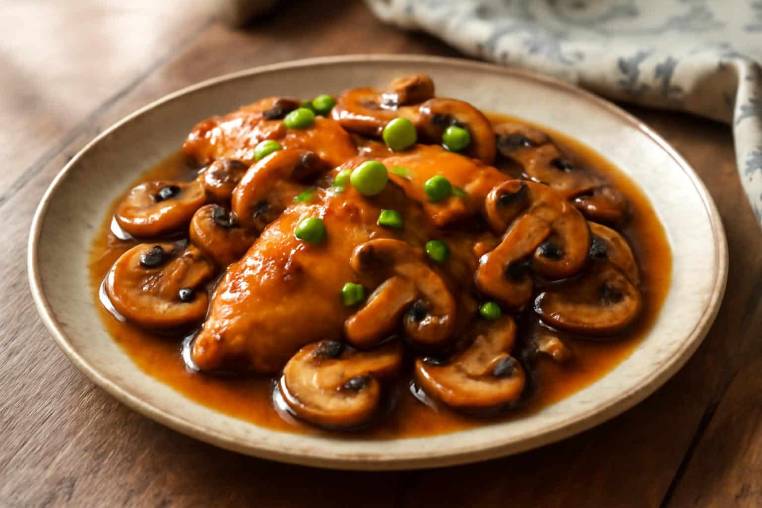 Mushroom chicken dish served on white plate with sliced green onions and savory sauce