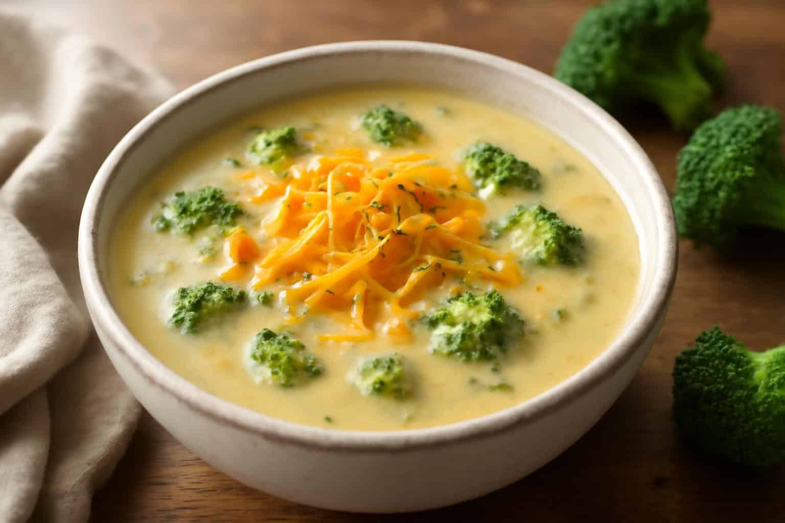 bowl of broccoli cheddar soup copycat recipe garnished with cheddar and black pepper