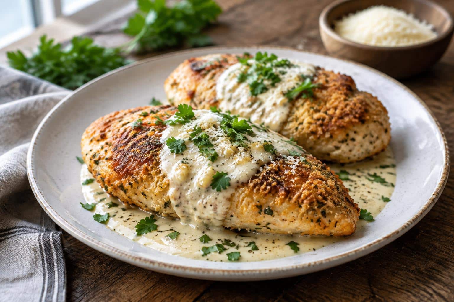 Melt-in-your-mouth parmesan chicken topped with luscious garlic cream sauce garnished with parsley