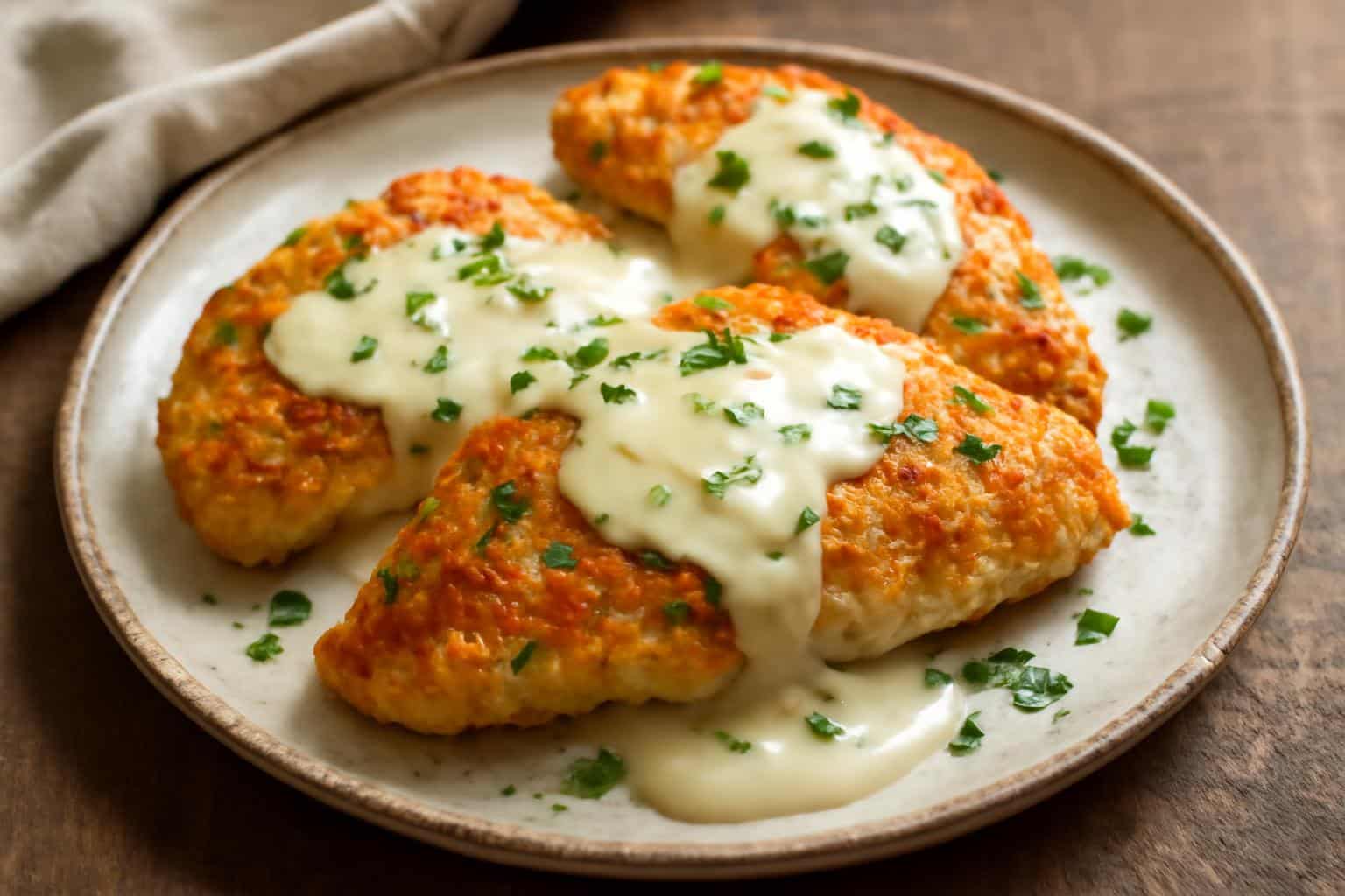Parmesan crusted chicken topped with garlic cream sauce garnished with parsley