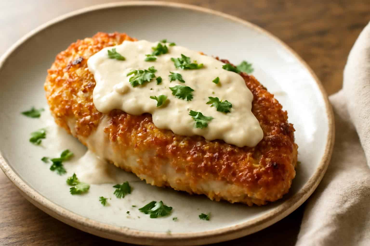 Crispy parmesan crusted chicken served with garlic cream sauce garnished with parsley