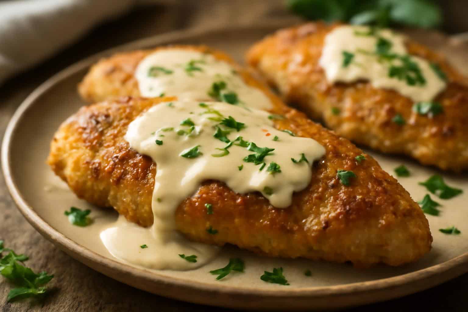 Golden parmesan crusted chicken with creamy garlic sauce garnished with parsley
