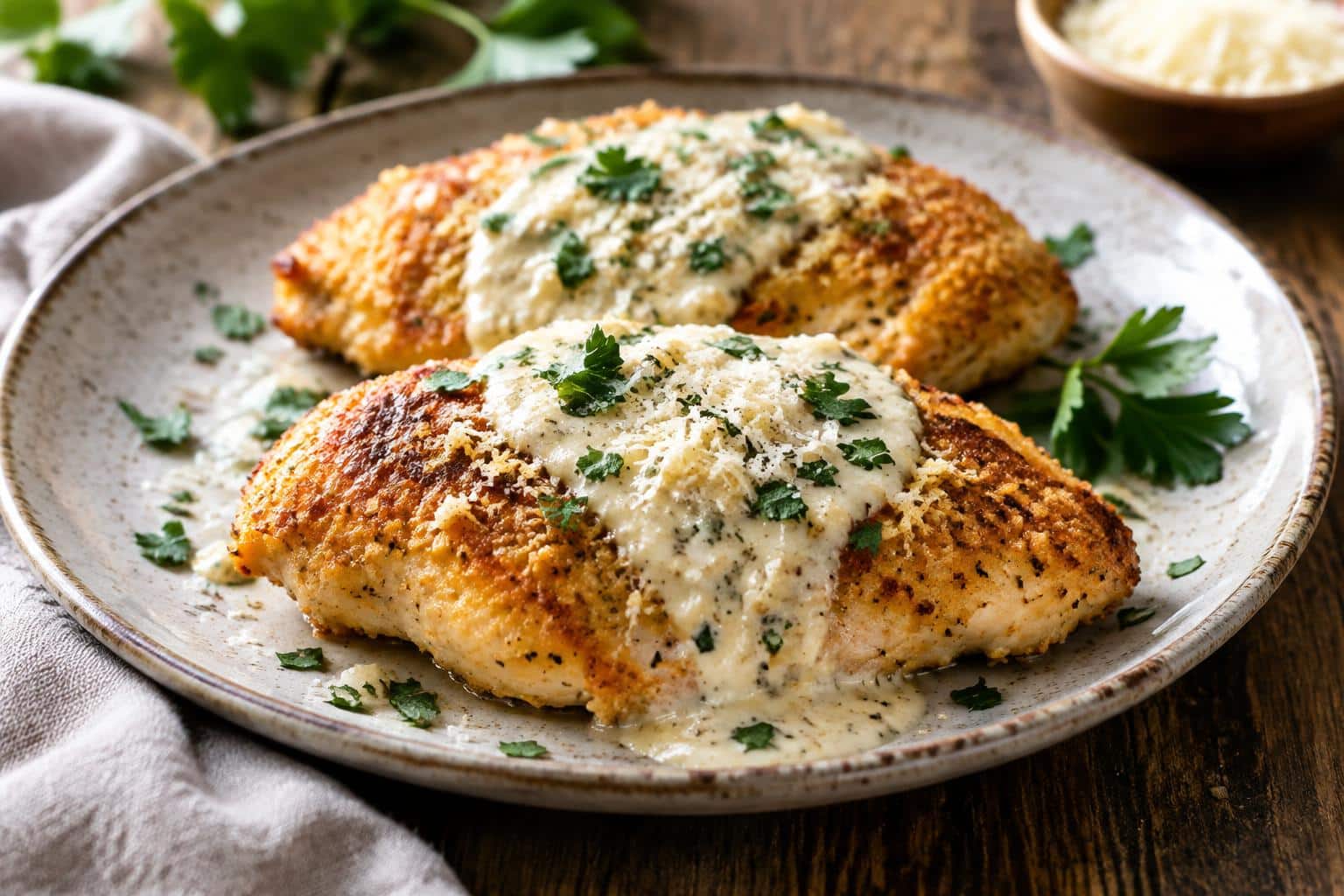 Parmesan crusted chicken topped with creamy garlic sauce and fresh parsley garnish