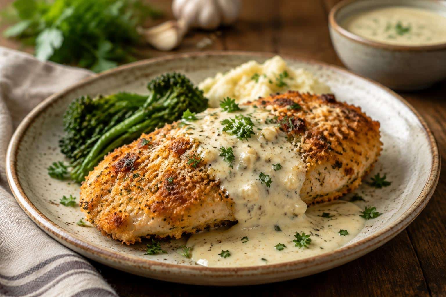 Parmesan crusted chicken with garlic cream sauce garnished with parsley on a rustic plate
