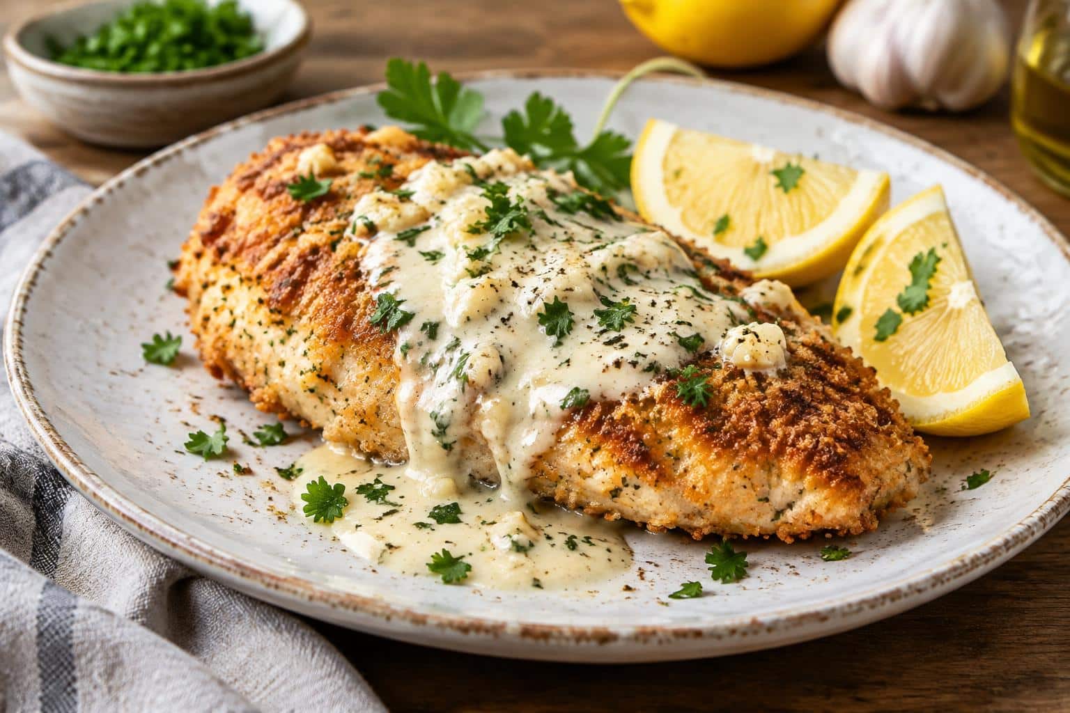 Parmesan crusted chicken topped with garlic cream sauce garnished with parsley