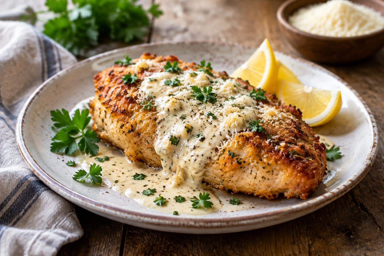 Parmesan crusted chicken topped with creamy garlic sauce garnished with parsley and lemon wedges