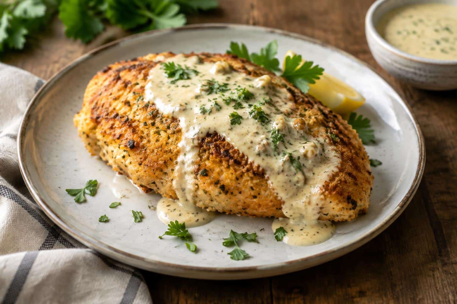 Parmesan crusted chicken with garlic cream sauce garnished with parsley on a rustic plate