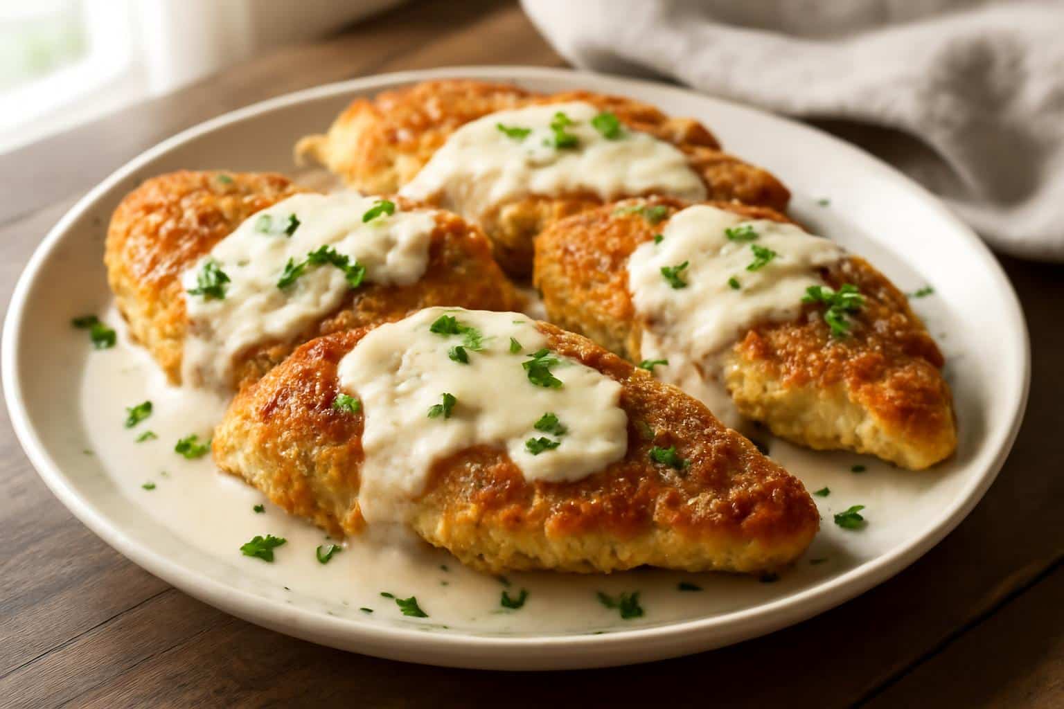 Golden parmesan crusted chicken topped with garlic cream sauce and fresh parsley garnish