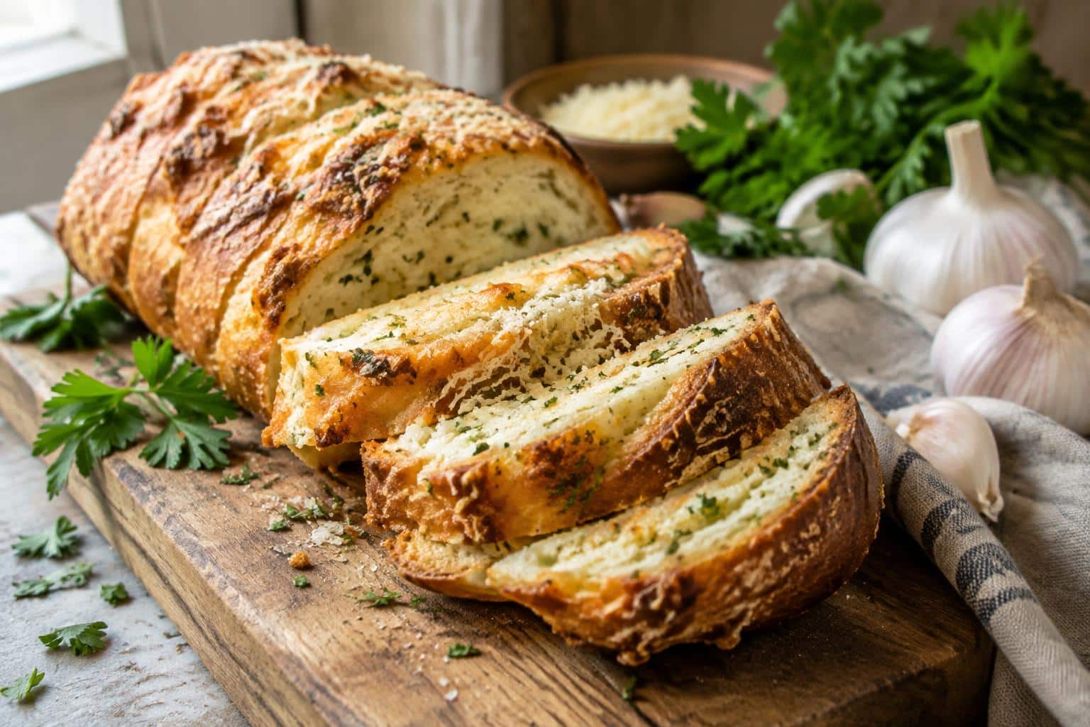 golden baked parmesan garlic bread with crispy crust and melted cheese on rustic board