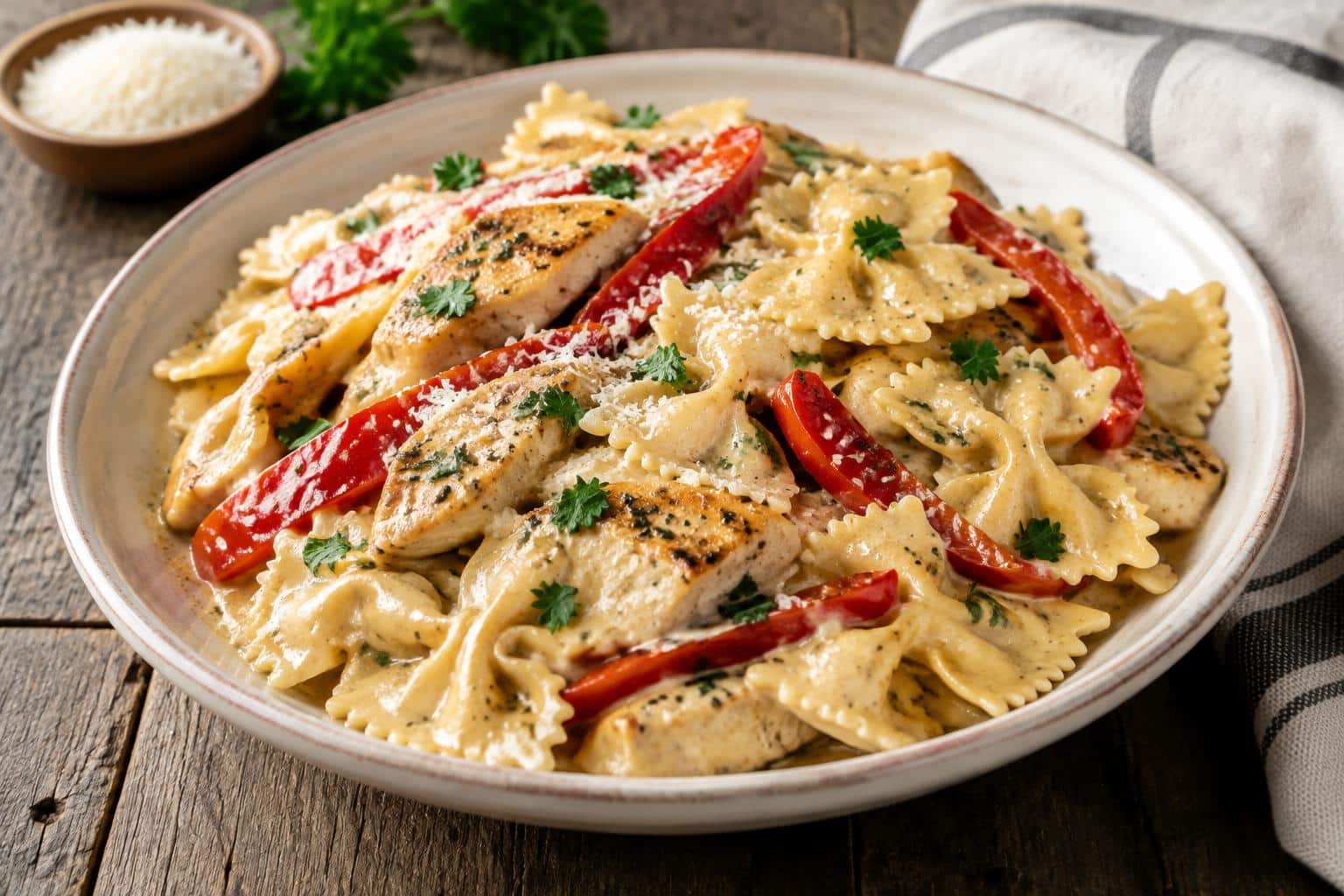 Parmesan red pepper chicken bowties pasta in creamy garlic sauce garnished with parsley