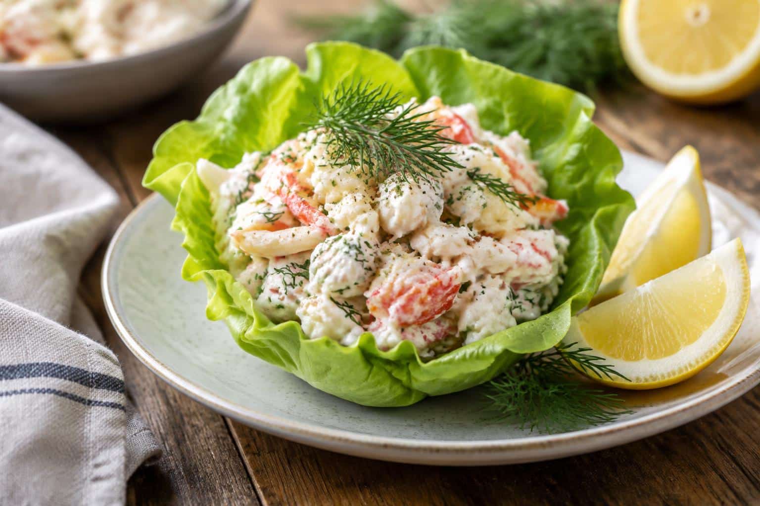 Paula Deen crab salad served in lettuce cups with fresh dill and lemon wedges