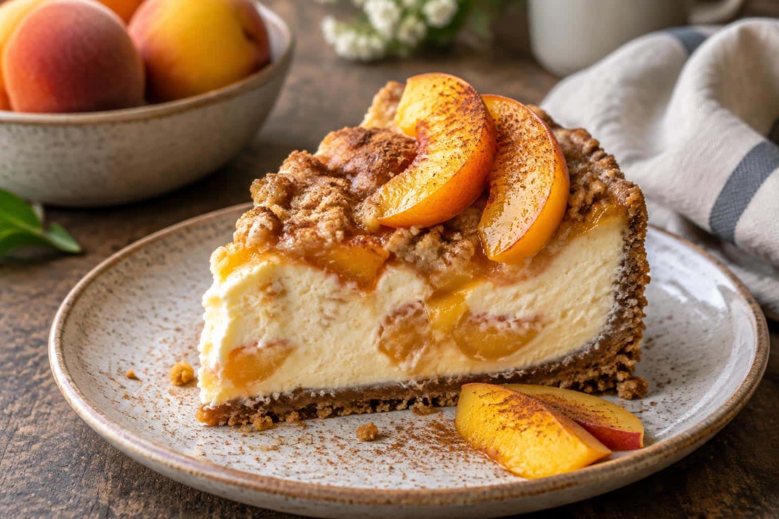 Slice of peach cobbler cheesecake with fresh peach slices and golden crust in natural light