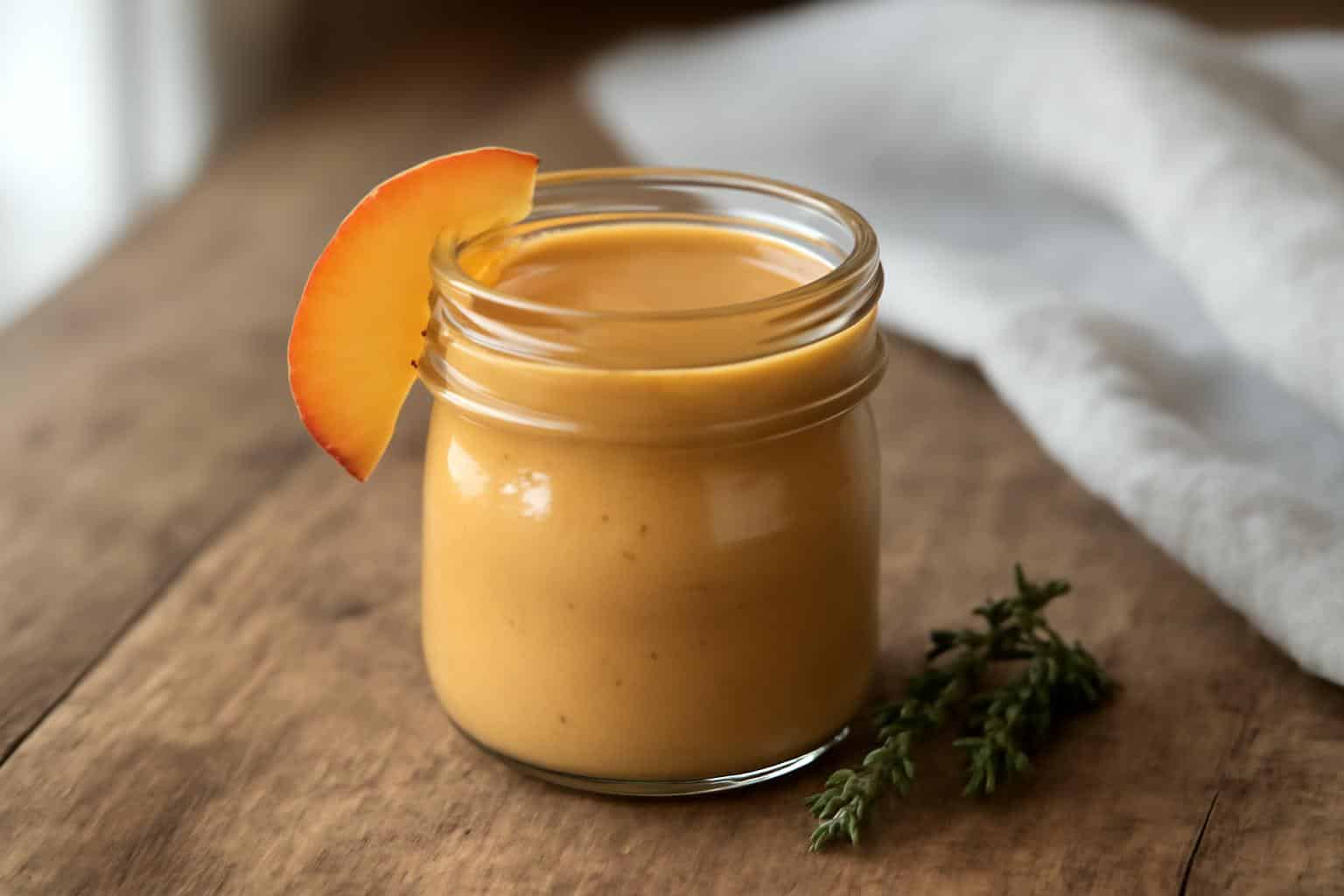 Peach honey dijon vinaigrette in a glass jar with fresh peach garnish